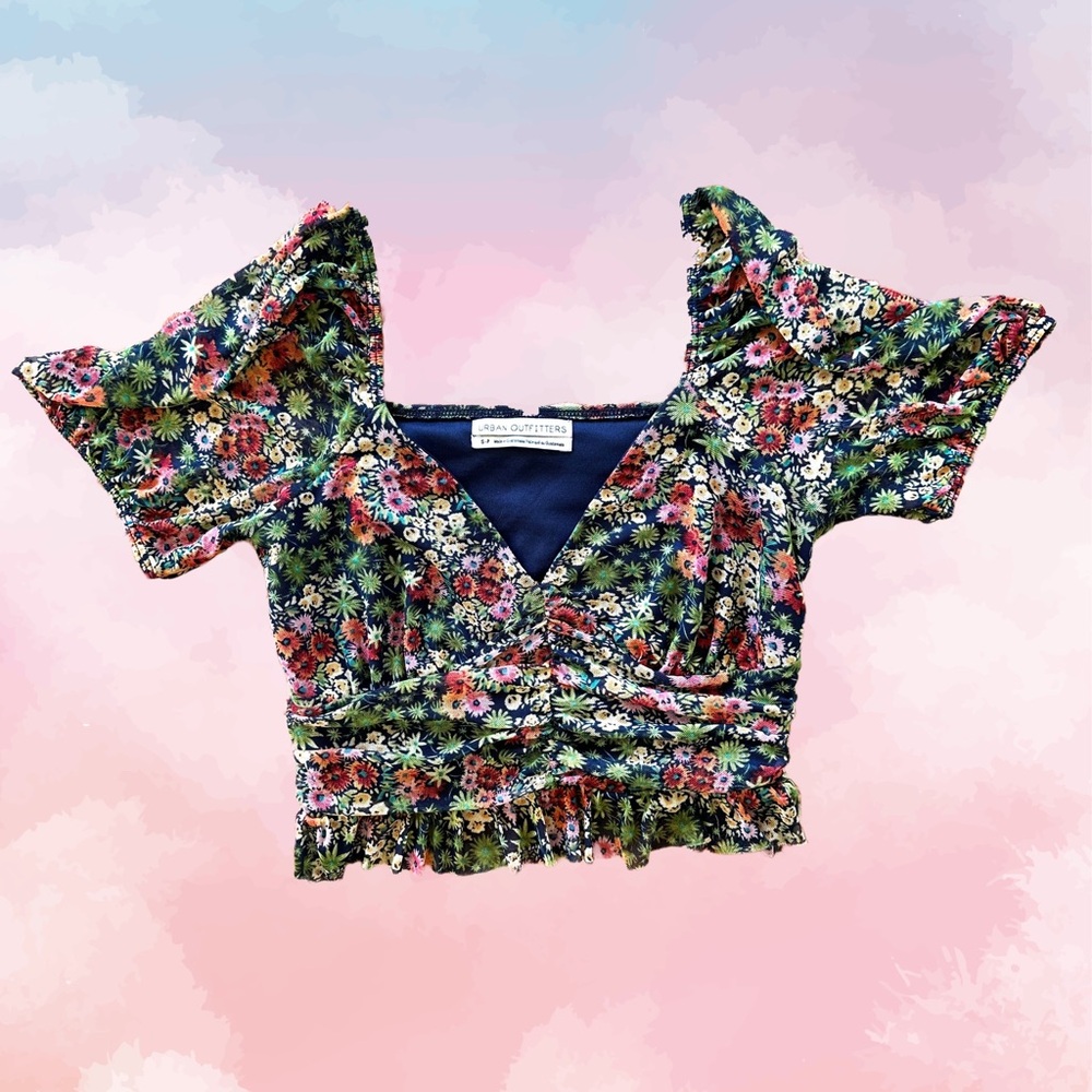 Floral Multicolor Ruched Sleeve Summer Crop Top